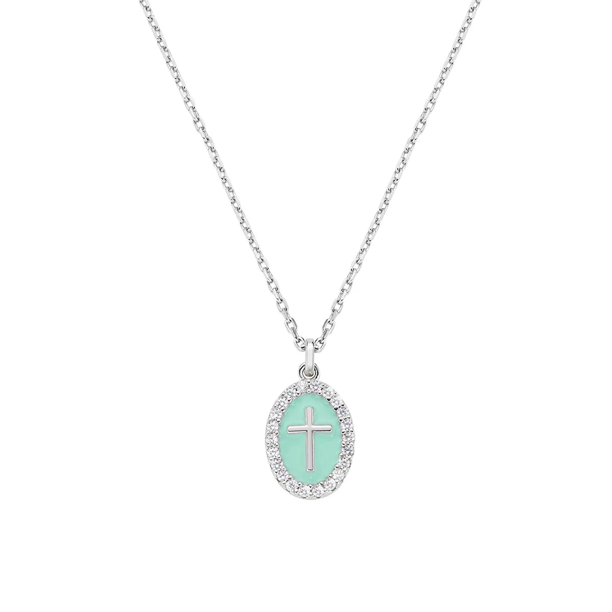 Collana donna Amen croce smaltata bagnata rodio  silver