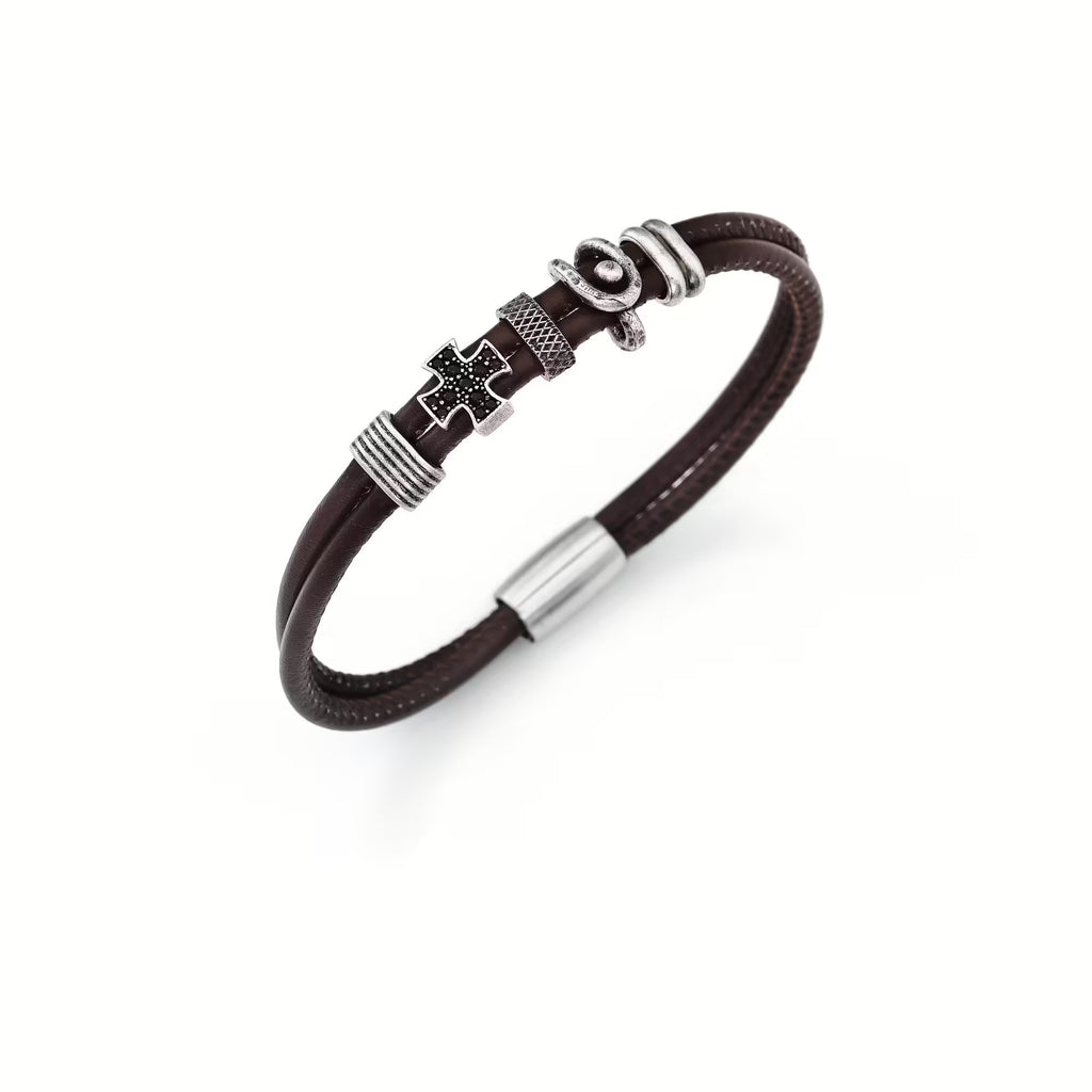 Bracciale uomo argento/pelle Amen BR205