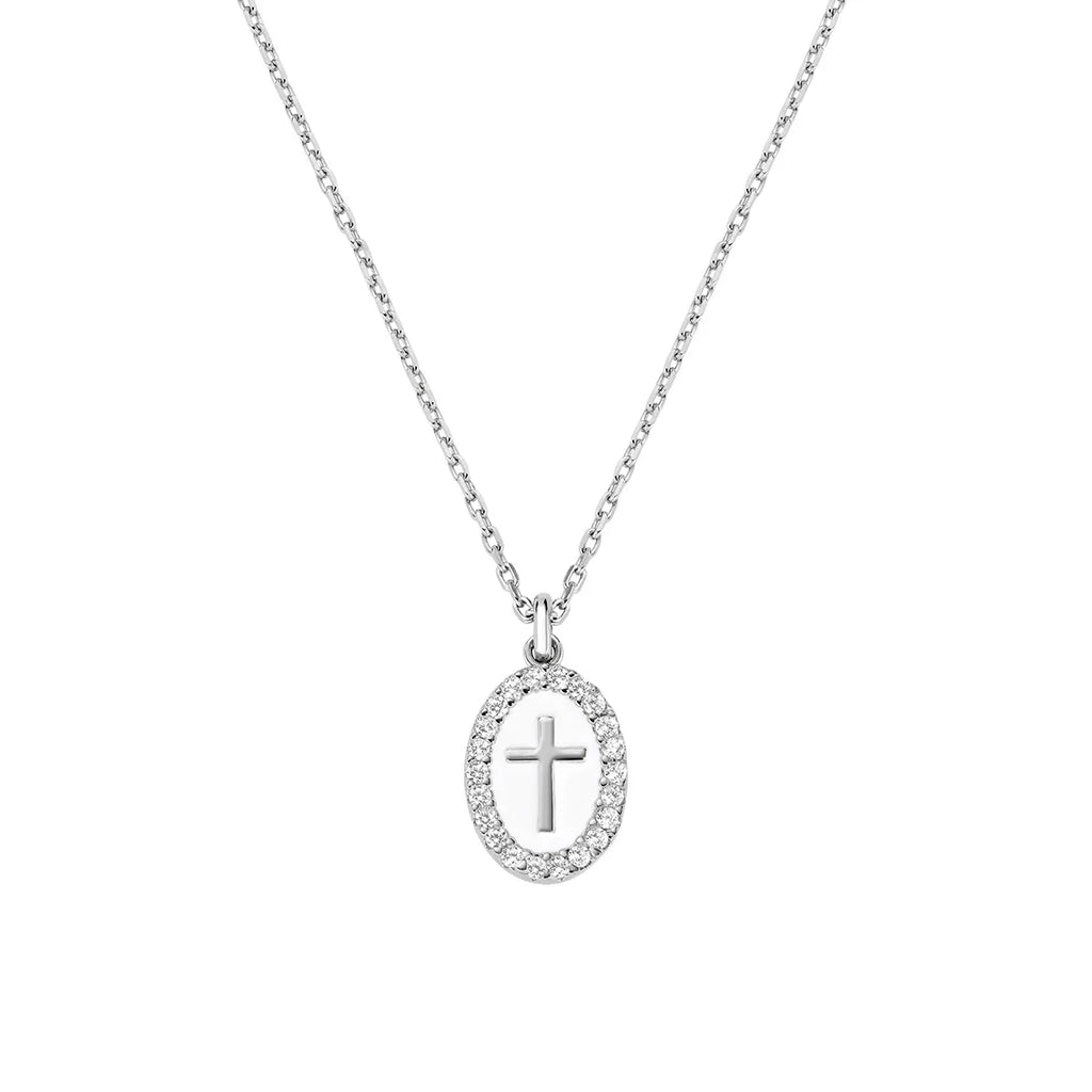 Collana donna Amen croce smaltata bagnata rodio  silver