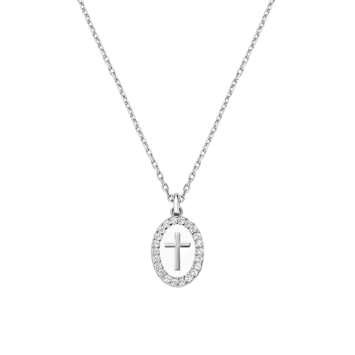Collana donna Amen croce smaltata bagnata rodio  silver
