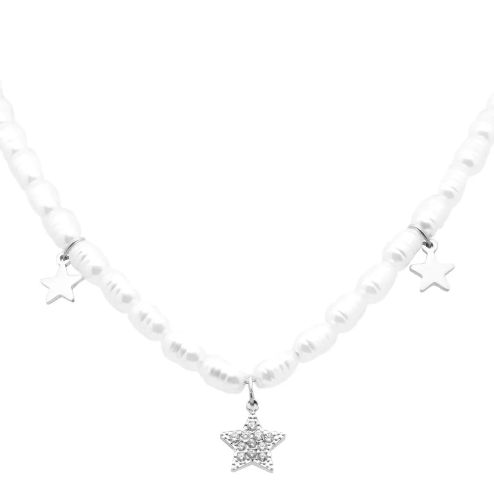 Collana in acciaio con Perle con pendente stella donna  Freddy