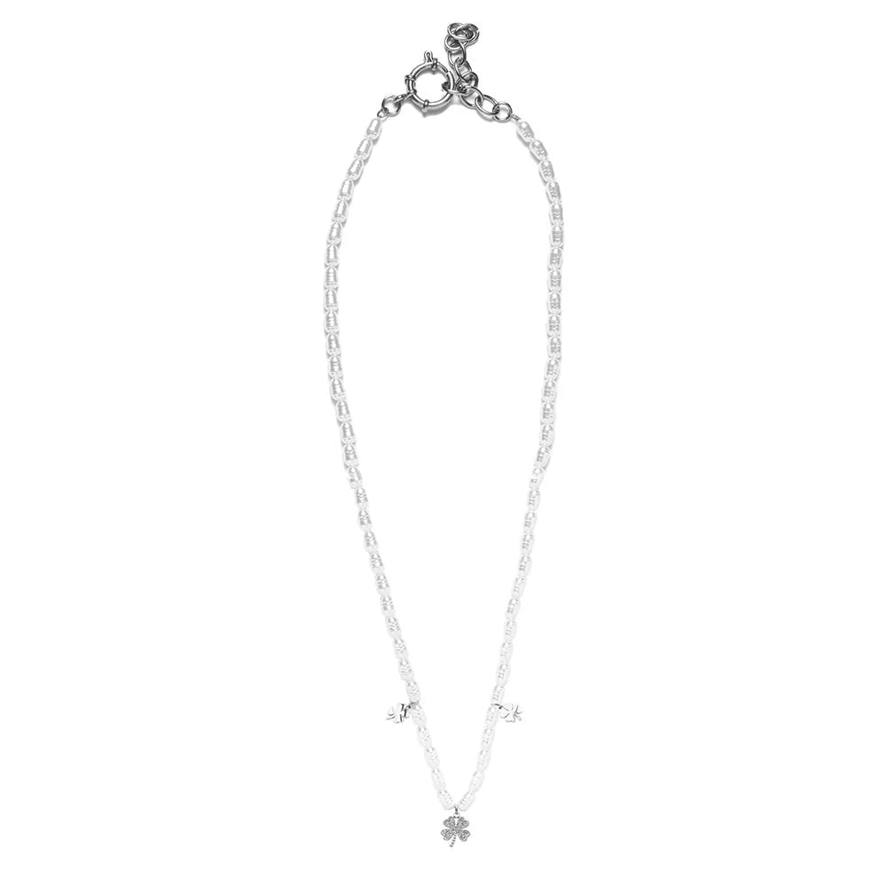 Collana in acciaio con Perle e pendente a quadrifoglio donna  Freddy