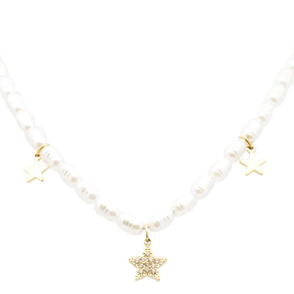 Collana in acciaio con Perle con pendente stella oro donna  Freddy