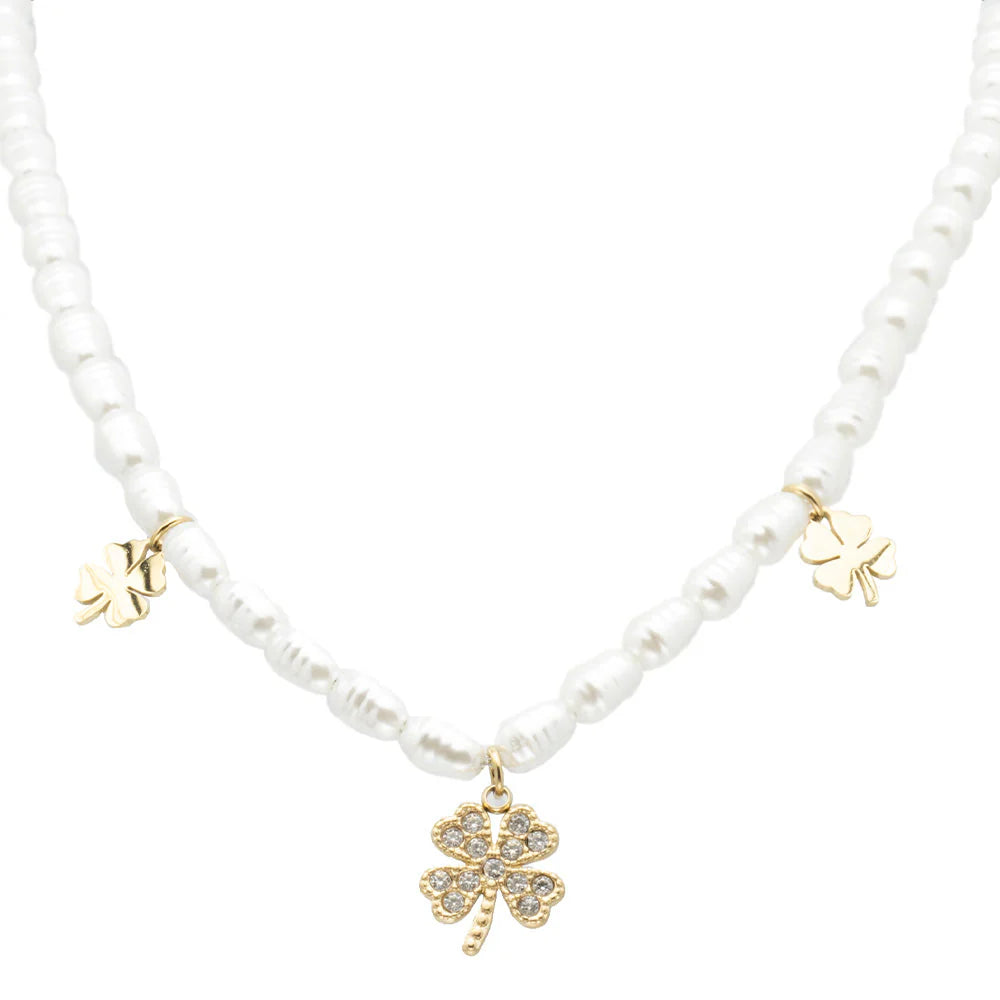 Collana in acciaio con Perle e pendente a quadrifoglio oro donna  Freddy