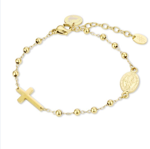 Bracciale acciaio unisex con rosario Brand gold e nero