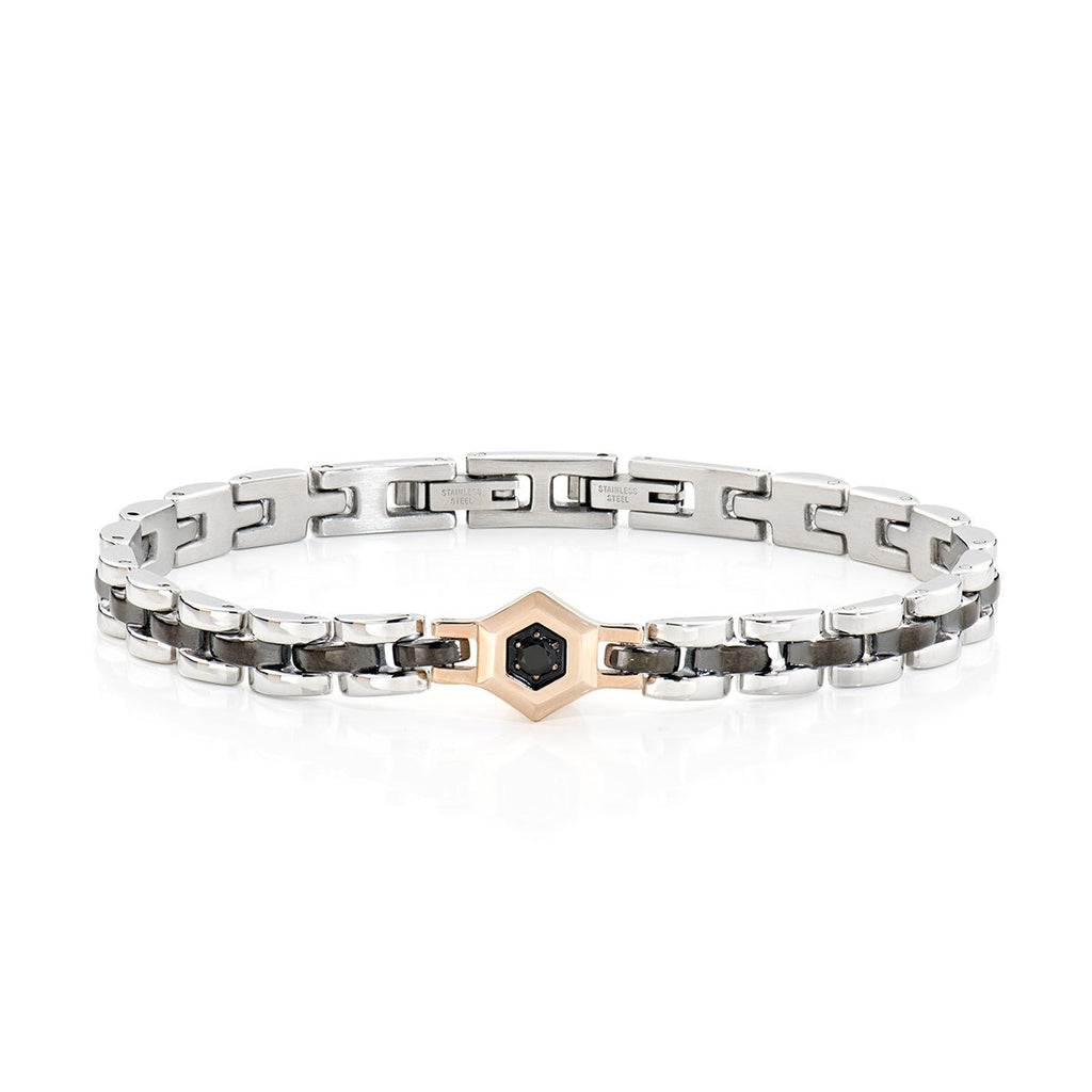 Bracciale da uomo Amen Acciaio Tre Colori con Esagono e Zircone Nero