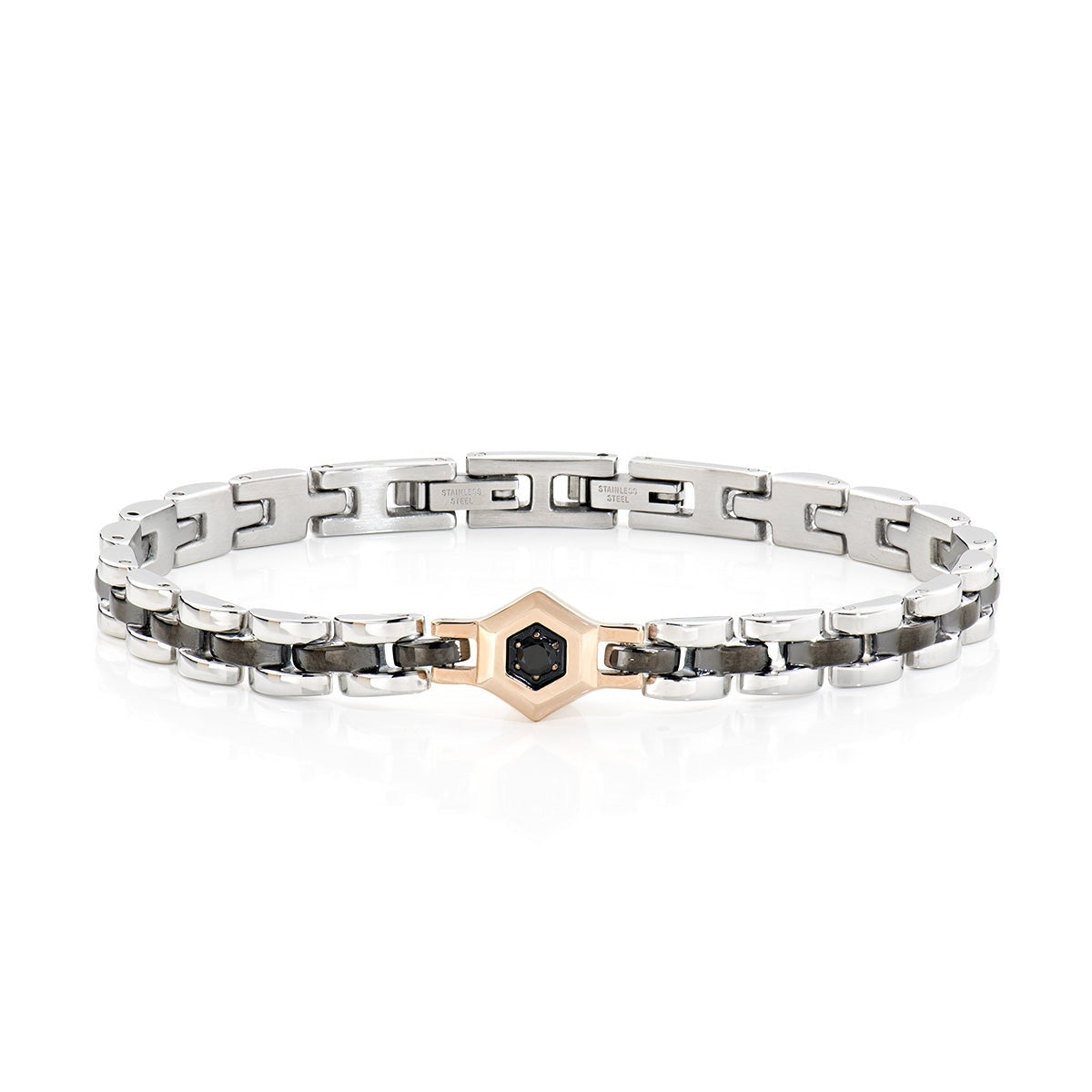 Bracciale da uomo Amen Acciaio Tre Colori con Esagono e Zircone Nero